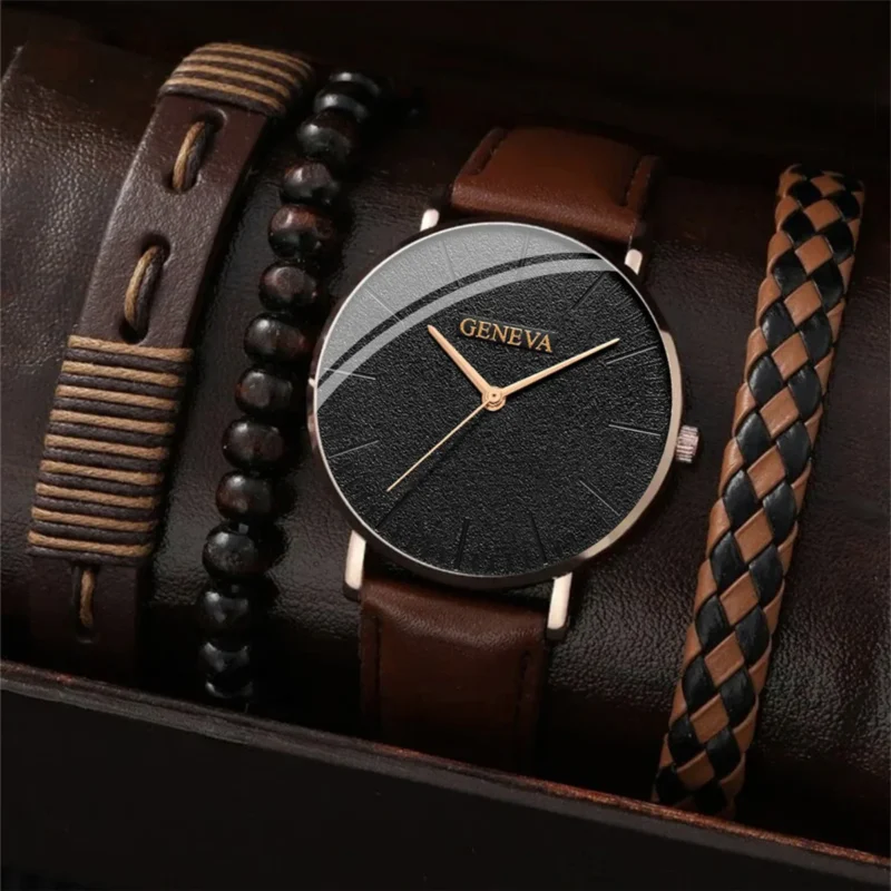 New Men Watch Luxury Bracelet Set Fashion Business Brown Leather Quartz Wrist Watches for Men Gift Set Relogio Masculino NO BOX - Image 1